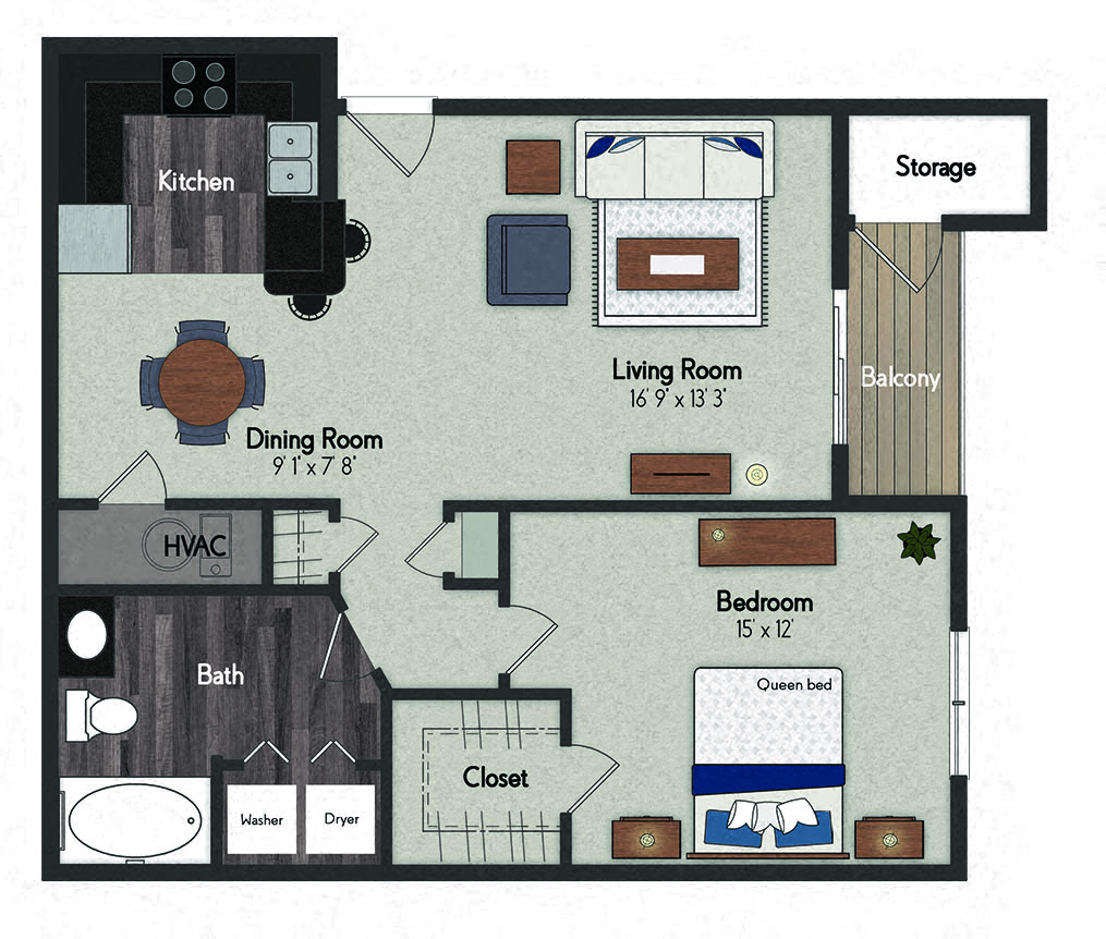 Floor plan for 1 bed, 1 bath, 772 sqft